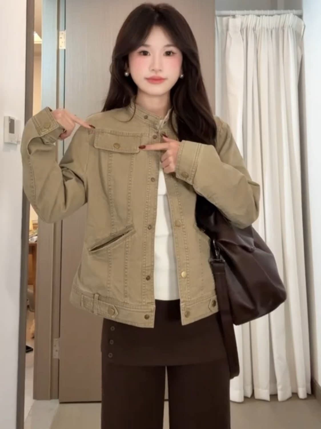나폴레옹 손 사 워싱 스탠드 칼라 비스듬한 가방 삽입 긍정적 인 어깨 데님 재킷 재킷 오토바이 서비스 여성 이미지 2
