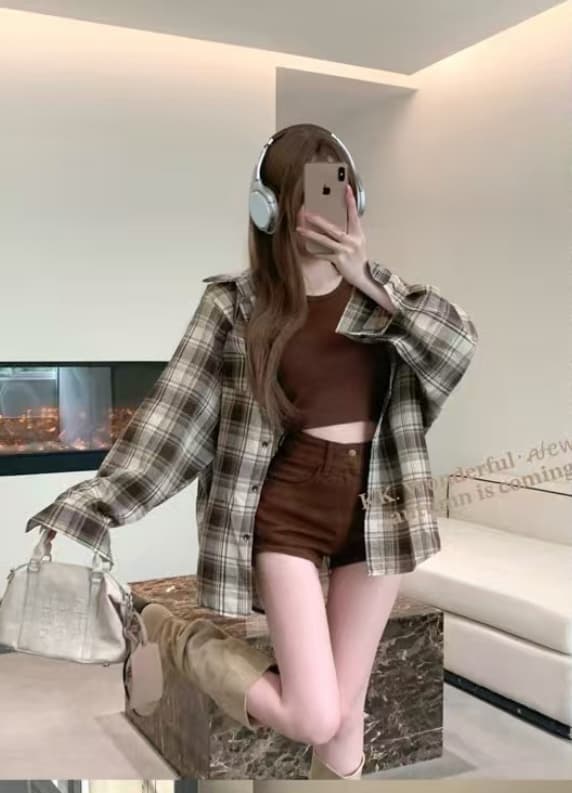 레트로 아름다움 라드. 세트 격자 무늬 셔츠 재킷 여성 짧은 조끼 슬립 여름 캐주얼 바지 느긋한 3종 세트 상세 이미지 2