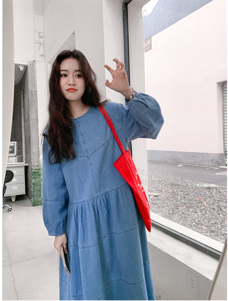 파란색 한국 스타일 루즈핏 느긋한 바람 슈퍼 잘 생긴 달콤함 데님 롱 스커트 새로운 부드러운 부서 품격 여성 드레스 봄 상세 이미지 28