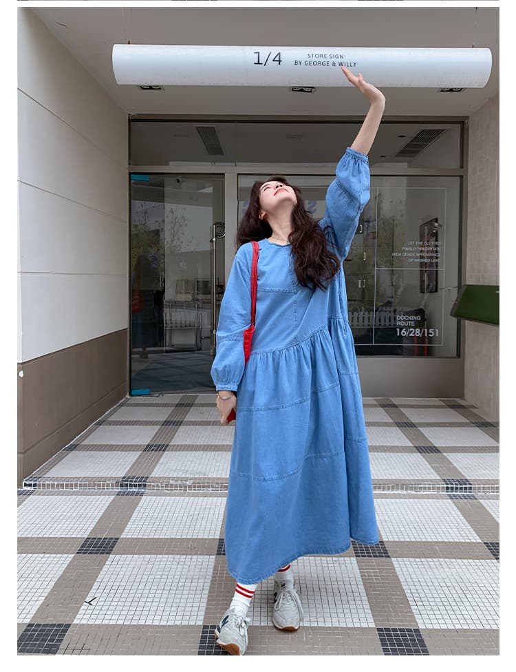 파란색 한국 스타일 루즈핏 느긋한 바람 슈퍼 잘 생긴 달콤함 데님 롱 스커트 새로운 부드러운 부서 품격 여성 드레스 봄 상세 이미지 35