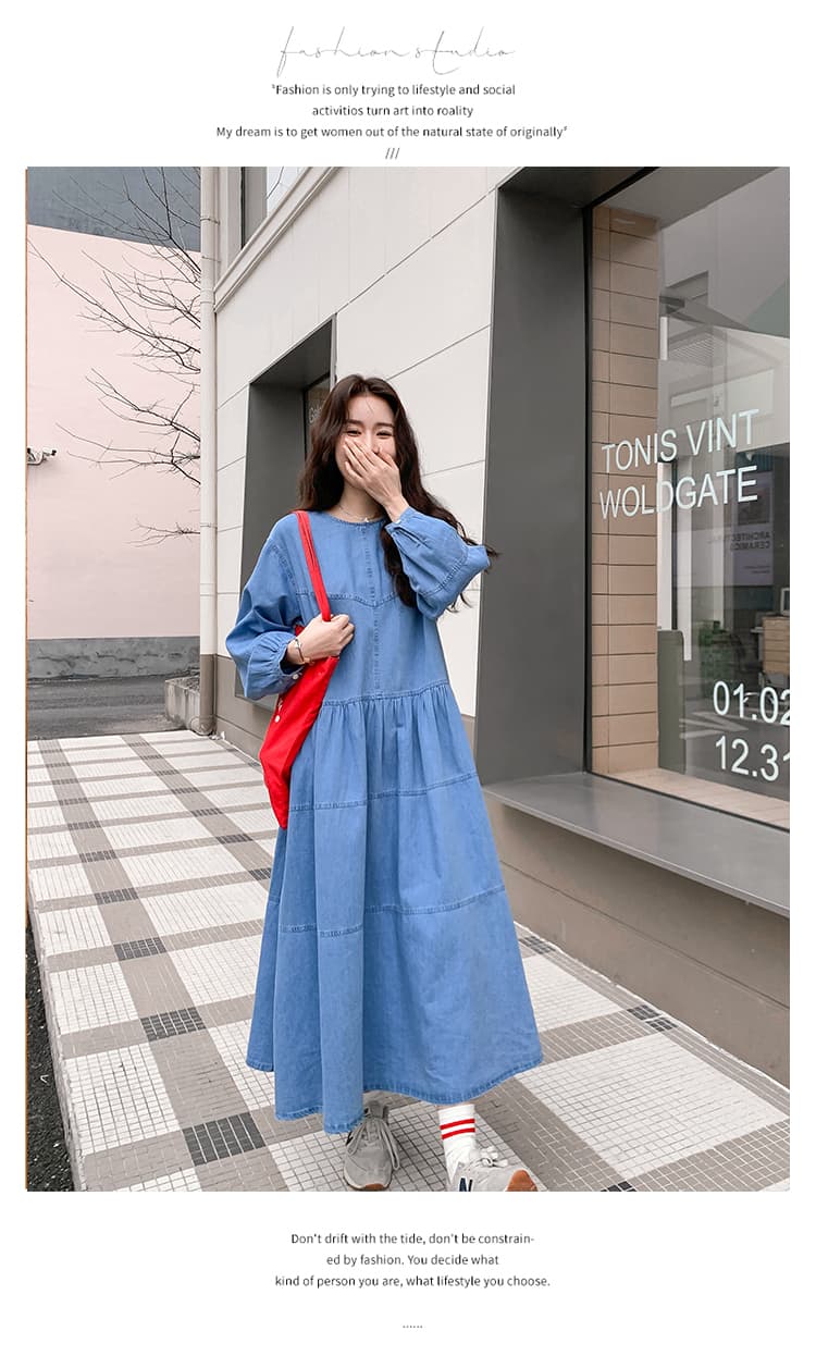 파란색 한국 스타일 루즈핏 느긋한 바람 슈퍼 잘 생긴 달콤함 데님 롱 스커트 새로운 부드러운 부서 품격 여성 드레스 봄 상세 이미지 36