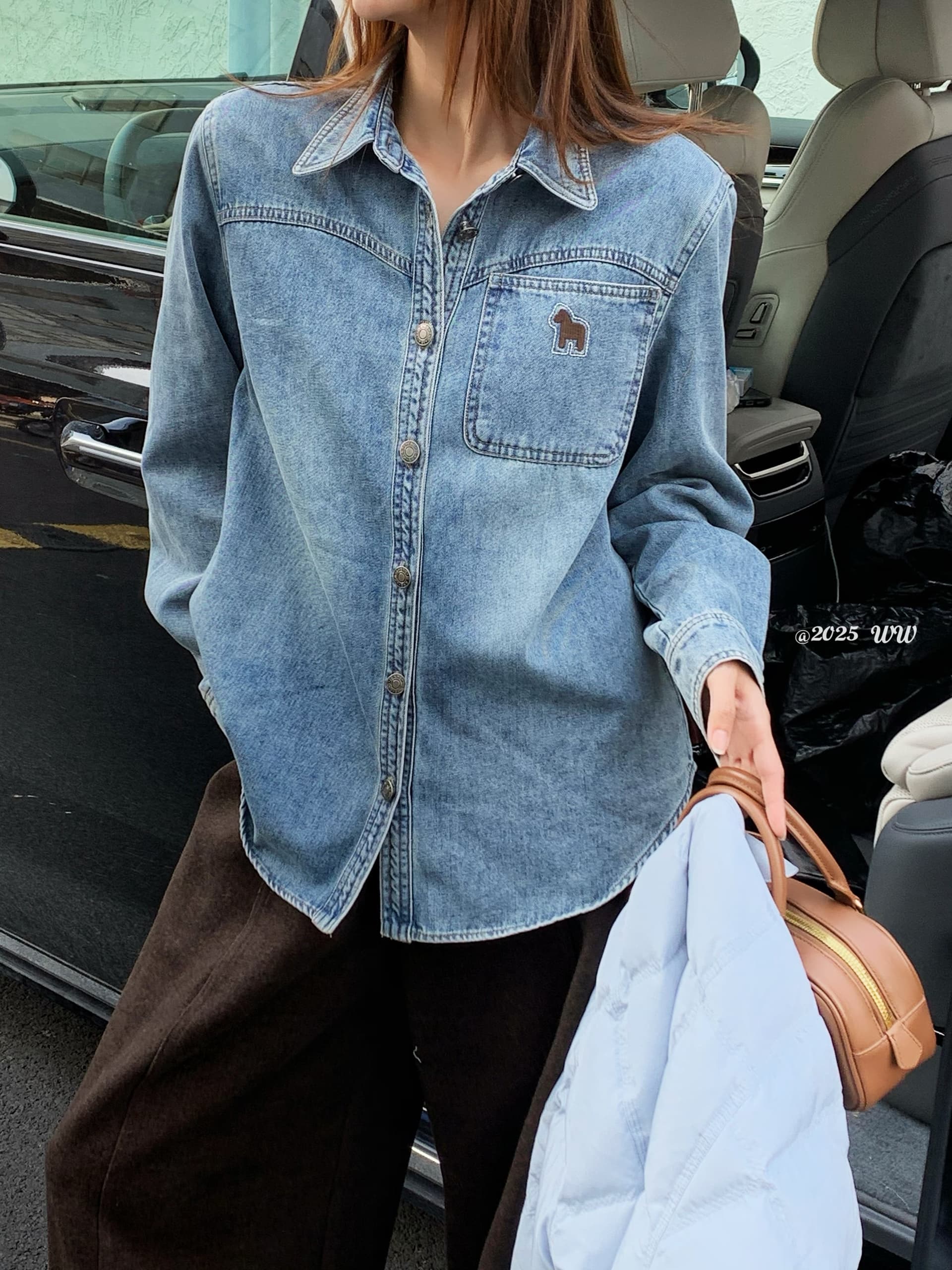 유럽 역 2026 이른 봄 새로운 패션 폴로 칼라 싱글 줄 버튼 자수 작은 말 데님 셔츠 루즈핏 다용도 셔츠 상세 이미지 2