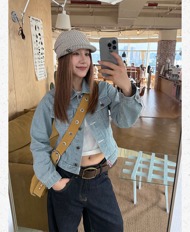 아메리칸 레트로 스트라이프 몸매 가꾸기 데님 재킷 남녀 긍정적 인 어깨 마이크로 루즈핏 쇼트 스타일 오픈 가디건 맨위 가을 상세 이미지 1
