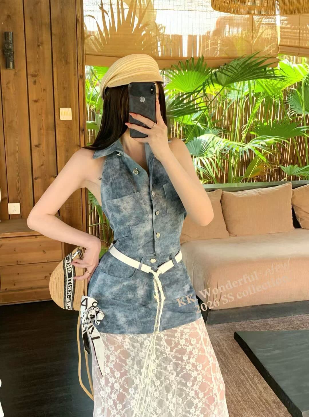 2026 새로운 순수한 욕망 핫걸 헤일로 염색 워싱 데님 행침 칼라 조끼 패치워크 레이스 인어 꼬리 롱 스커트 세트 상세 이미지 9