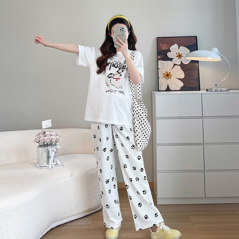 실사 지금 지금 2026 새로운 여름 루즈핏 느긋한 캐주얼 화이트 패션 티셔츠 개 클로 프린트 바지 세트 이미지 4
