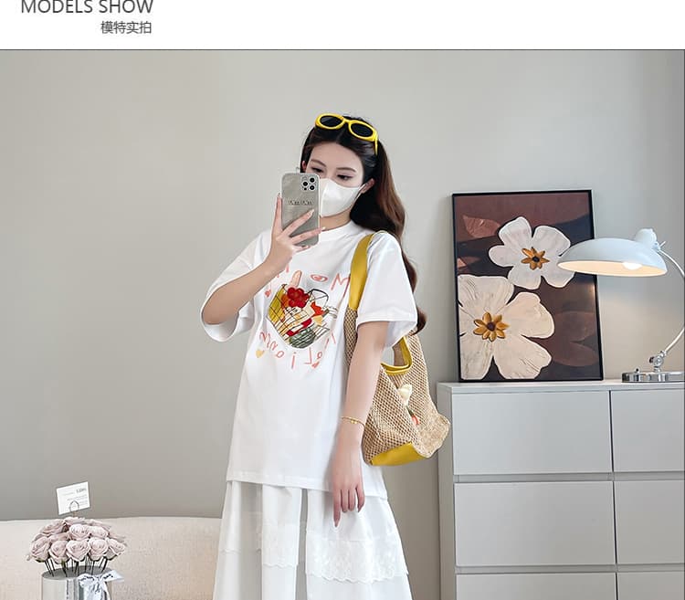 실사 지금 지금 2026 새로운 여름 매운맛 엄마 화이트 프린트 티셔츠 반팔 복부 지지 반신 스커트 투피스 세트 상세 이미지 12