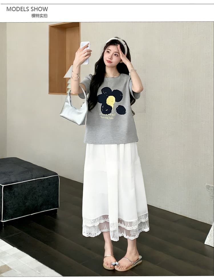 실사 지금 지금 2026 슈퍼 화재 여름 드레스 연령 감소 한 부서 꽃 알파벳 프린트 티셔츠 화이트 복부 지지 반신 스커트 상세 이미지 9