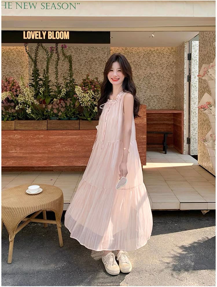 신제품 지금 새로운 첫사랑 작은 요정 달콤함 핑크색 프릴 레이스업 칼라 민소매 드레스 상세 이미지 11