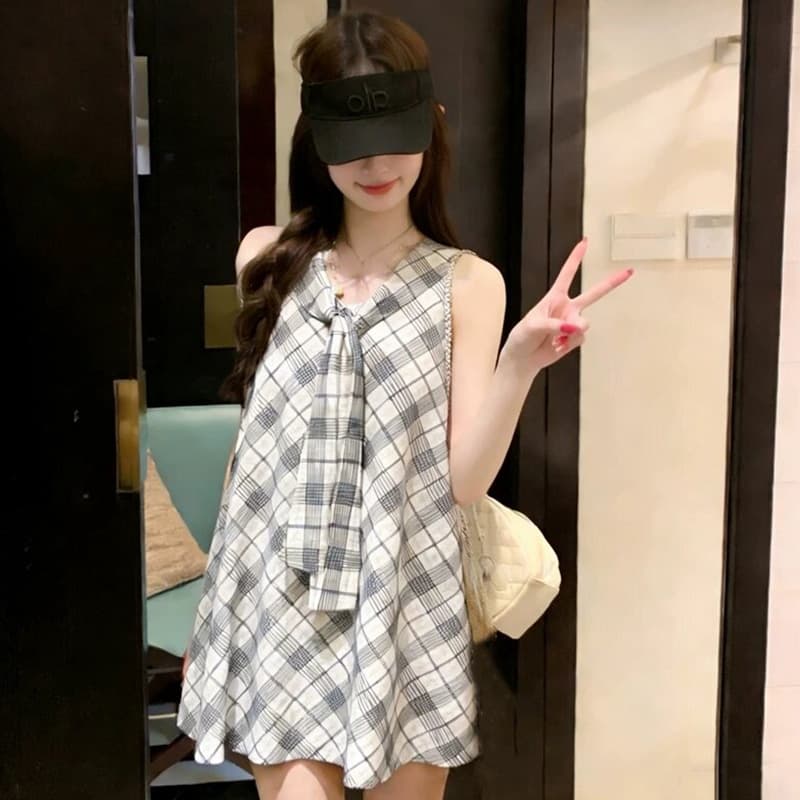 신제품 지금 여름 한 부서 연령 감소 패션 다용도 체크무늬 민소매 드레스 이미지 2