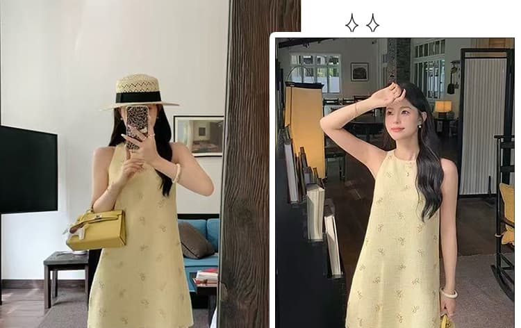 신제품 지금 여름 무거운 작업 나비 매듭 비즈 박기 작은 샤넬 스타일 고급 센스 페이크 레이어드 민소매 드레스 상세 이미지 4