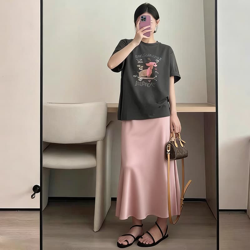 신제품 지금 여름 새로운 도파민 라운드 넥 강아지 프린트 반팔 티셔츠 핑크색 복부 지지 반신 스커트 이미지 3