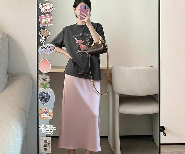신제품 지금 여름 새로운 도파민 라운드 넥 강아지 프린트 반팔 티셔츠 핑크색 복부 지지 반신 스커트 상세 이미지 14