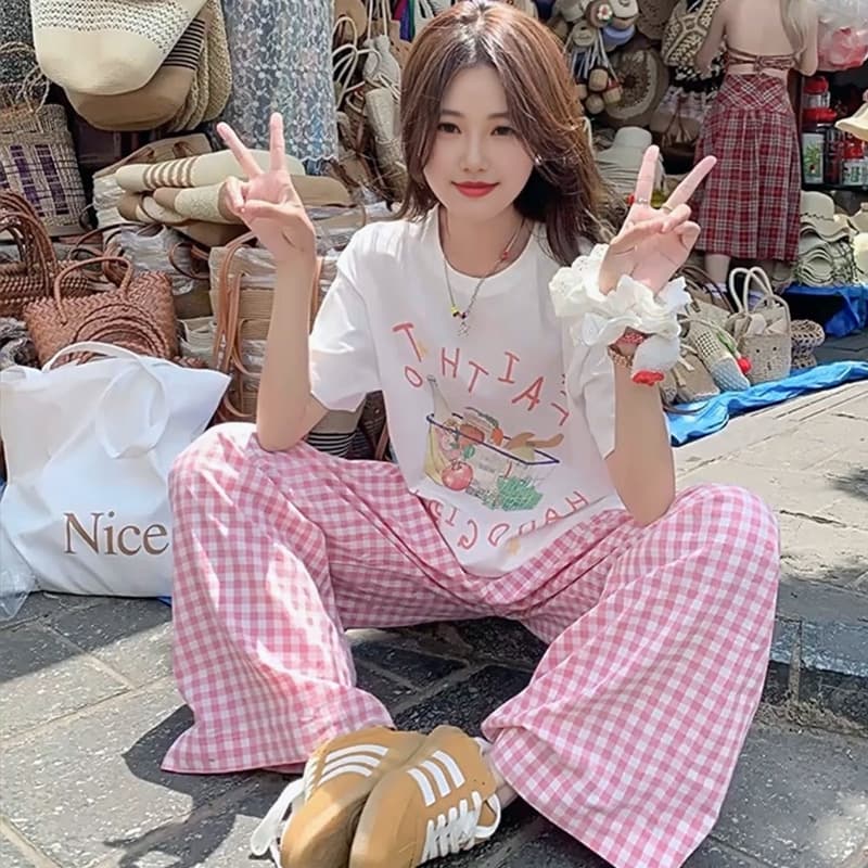 신제품 지금 여름 새로운 소녀 화이트 긍정적 인 어깨 반팔 티셔츠 캐주얼 핑크색 와이드 레그 팬츠 어린이 두 조각 이미지 2