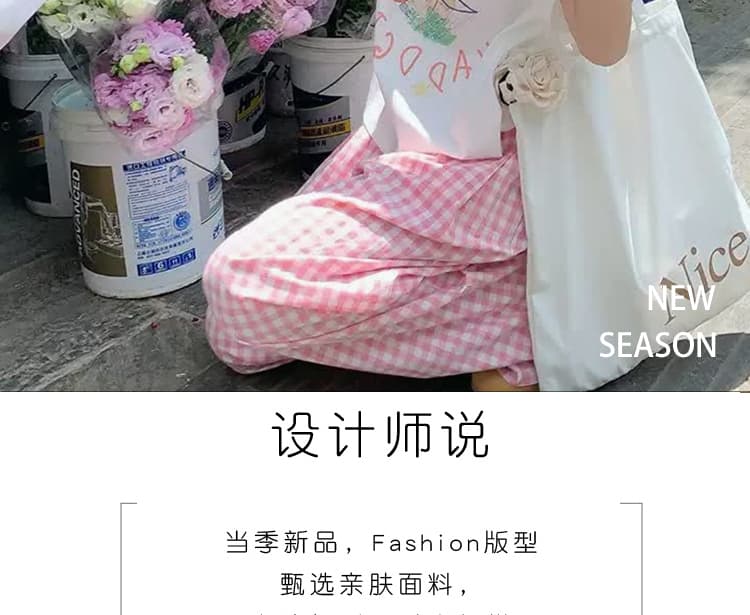신제품 지금 여름 새로운 소녀 화이트 긍정적 인 어깨 반팔 티셔츠 캐주얼 핑크색 와이드 레그 팬츠 어린이 두 조각 상세 이미지 2