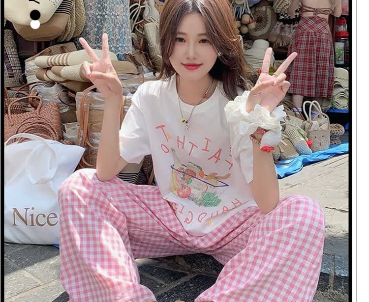 신제품 지금 여름 새로운 소녀 화이트 긍정적 인 어깨 반팔 티셔츠 캐주얼 핑크색 와이드 레그 팬츠 어린이 두 조각 상세 이미지 5
