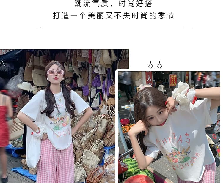 신제품 지금 여름 루즈핏 다용도 한 부서 달콤한 자매 순면 맨위 프린트 반팔 핑크색 체크무늬 캐주얼 바지 상세 이미지 3