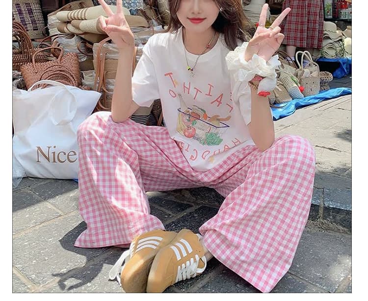 신제품 지금 여름 루즈핏 다용도 한 부서 달콤한 자매 순면 맨위 프린트 반팔 핑크색 체크무늬 캐주얼 바지 상세 이미지 9