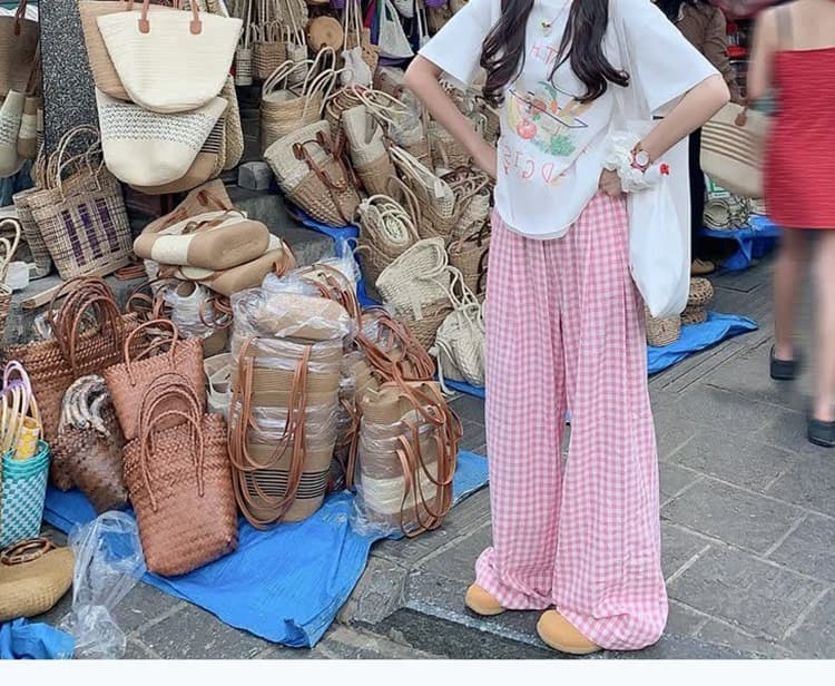 신제품 지금 여름 루즈핏 다용도 한 부서 달콤한 자매 순면 맨위 프린트 반팔 핑크색 체크무늬 캐주얼 바지 상세 이미지 16