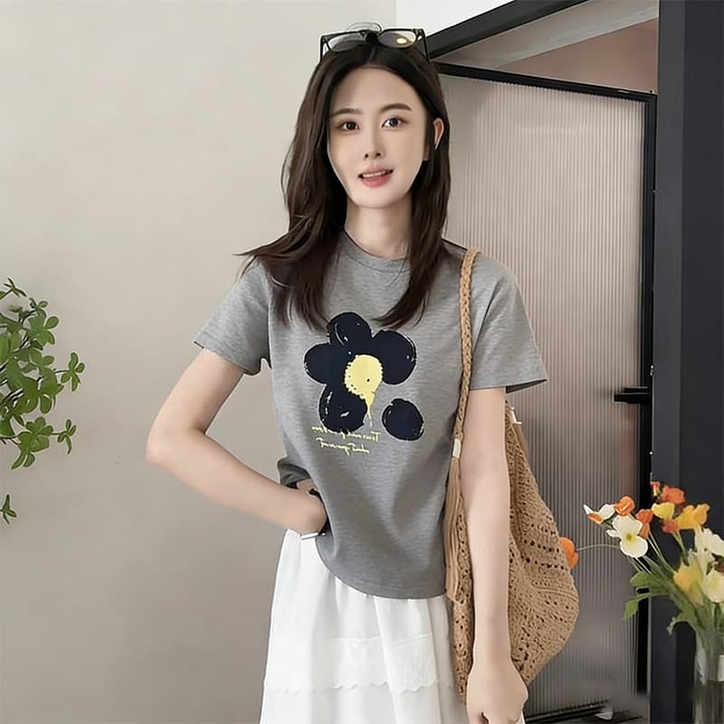 신제품 지금 여름 한 부서 꽃 루즈핏 반팔 프린트 티셔츠 화이트 싸움 레이스 복부 지지 반신 스커트 이미지 3