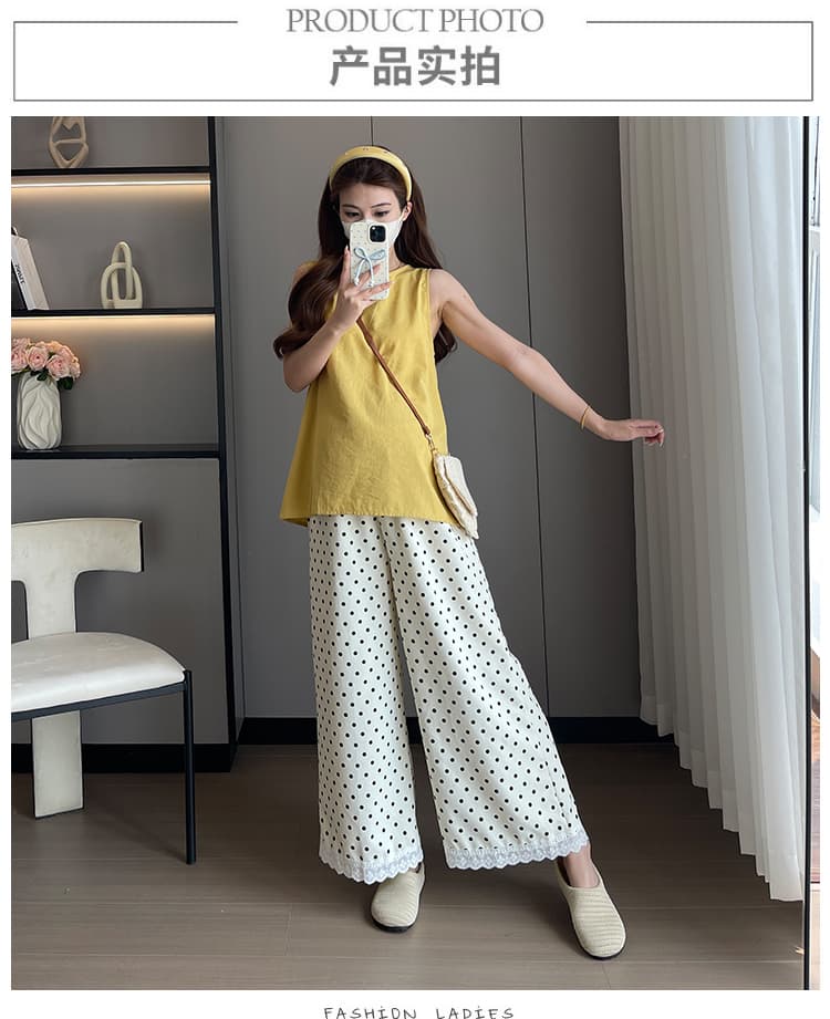 실사 지금 여름 새로운 임신 엄마 고급 한 부서 캐주얼 도트 무늬 패치워크 레이스 레이스 와이드 레그 팬츠 상세 이미지 8