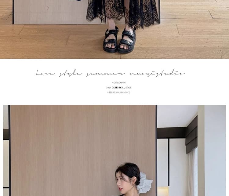 신제품 지금 여름 새로운 한국 스타일 센 부서 티셔츠 페이크 레이어드 레이스 레이스 디자인 라운드 넥 풀오버 드레스 상세 이미지 17