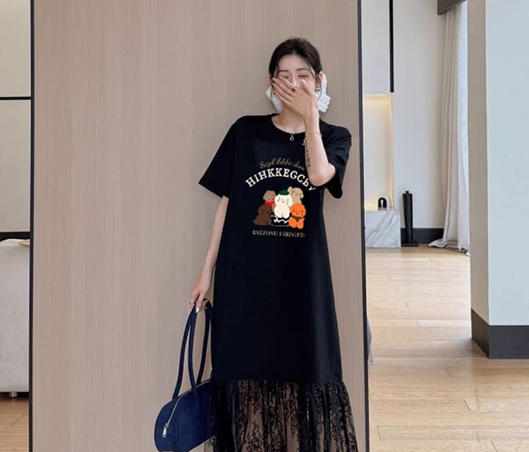 신제품 지금 여름 새로운 패션 표지 배 무릎 아래 트렌디 엄마 품격 루즈핏 반팔 티셔츠 치마 상세 이미지 16