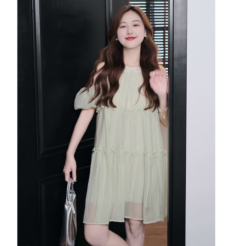 실사 지금 새로운 청록색 프릴 패치워크 행침 목 오프숄더 거품 소매 케이크 드레스 이미지 3