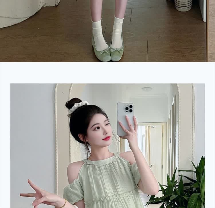 실사 지금 새로운 청록색 프릴 패치워크 행침 목 오프숄더 거품 소매 케이크 드레스 상세 이미지 18