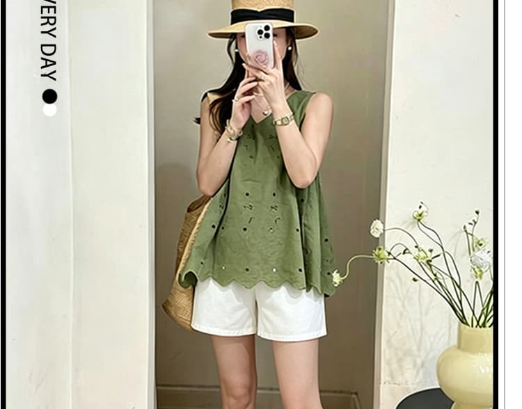 신제품 지금 여름 한 부서 착용 가져 가라. 도파민 녹색 홀로우 아웃 민소매 맨위 화이트 복부 지지 반바지 상세 이미지 5