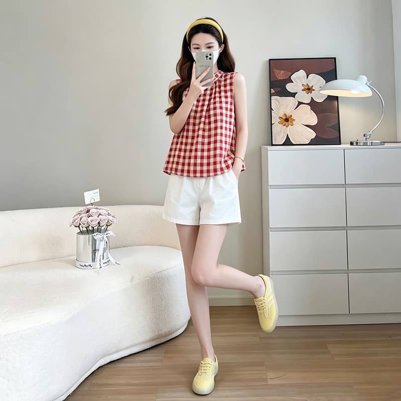 신제품 지금 여름 화이트 빨간색 체크무늬 민소매 다용도 인형 셔츠 화이트 복부 지지 반바지 세트 이미지 5
