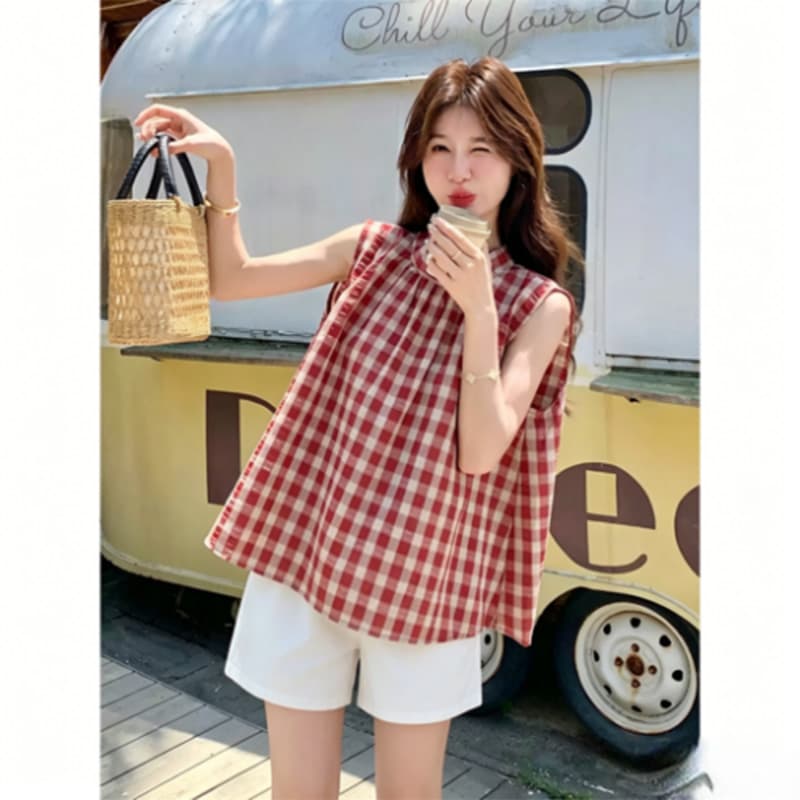 신제품 지금 한 부서 달콤함 빨간색 그리드 민소매 셔츠 레이스업 나비 매듭 조끼 셔츠 화이트 복부 지지 반바지 이미지 2