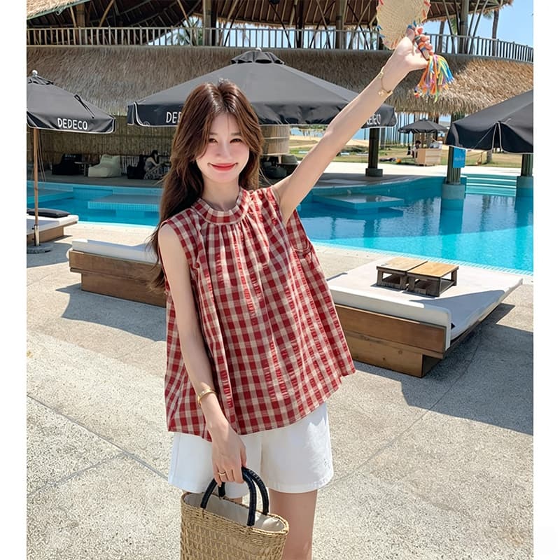 신제품 지금 한 부서 달콤함 빨간색 그리드 민소매 셔츠 레이스업 나비 매듭 조끼 셔츠 화이트 복부 지지 반바지 이미지 5