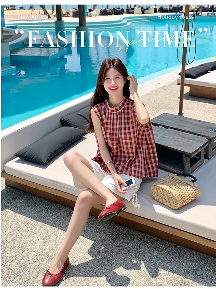 신제품 지금 한 부서 달콤함 빨간색 그리드 민소매 셔츠 레이스업 나비 매듭 조끼 셔츠 화이트 복부 지지 반바지 상세 이미지 5