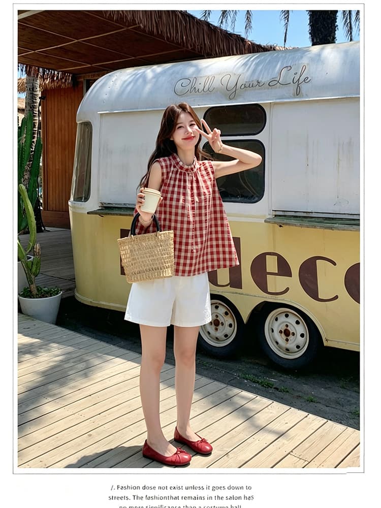 신제품 지금 한 부서 달콤함 빨간색 그리드 민소매 셔츠 레이스업 나비 매듭 조끼 셔츠 화이트 복부 지지 반바지 상세 이미지 8