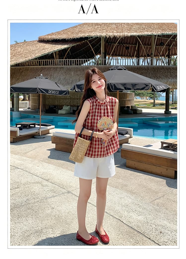 신제품 지금 한 부서 달콤함 빨간색 그리드 민소매 셔츠 레이스업 나비 매듭 조끼 셔츠 화이트 복부 지지 반바지 상세 이미지 9