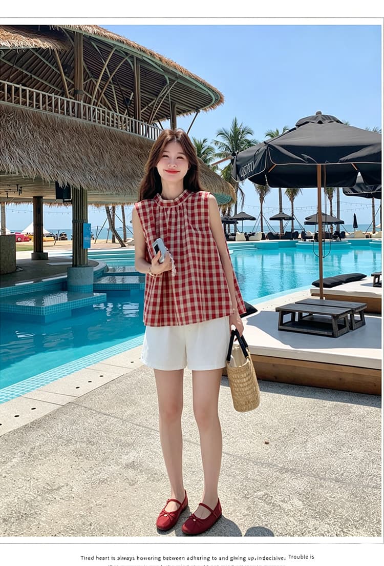신제품 지금 한 부서 달콤함 빨간색 그리드 민소매 셔츠 레이스업 나비 매듭 조끼 셔츠 화이트 복부 지지 반바지 상세 이미지 10