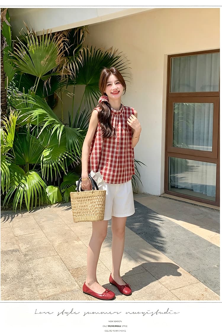 신제품 지금 한 부서 달콤함 빨간색 그리드 민소매 셔츠 레이스업 나비 매듭 조끼 셔츠 화이트 복부 지지 반바지 상세 이미지 12