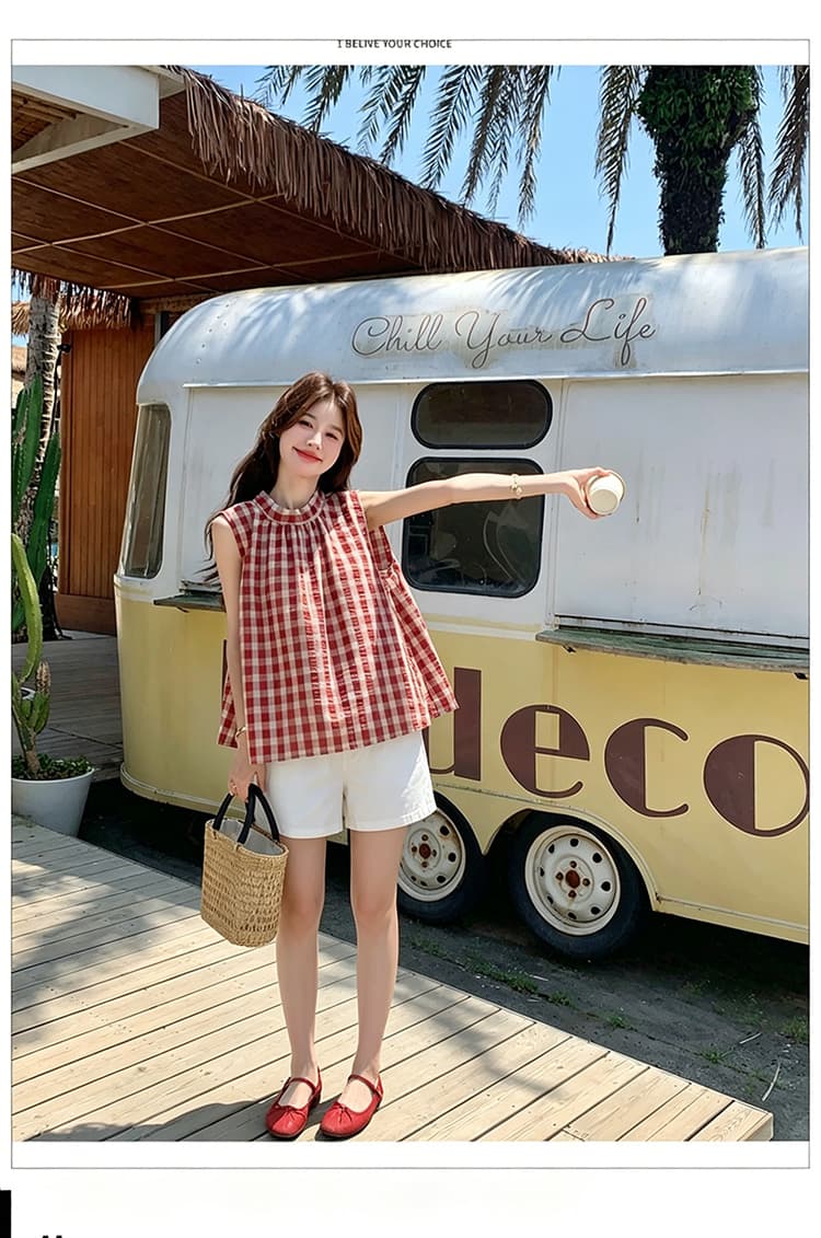 신제품 지금 한 부서 달콤함 빨간색 그리드 민소매 셔츠 레이스업 나비 매듭 조끼 셔츠 화이트 복부 지지 반바지 상세 이미지 13