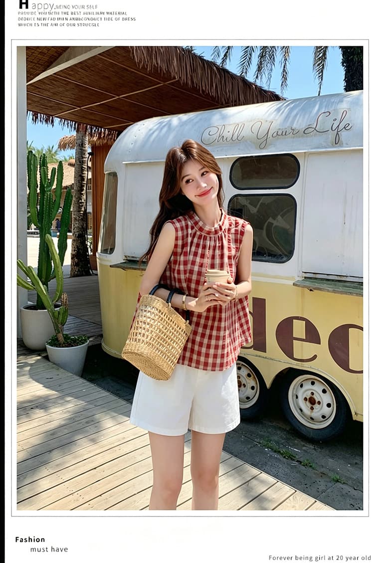 신제품 지금 한 부서 달콤함 빨간색 그리드 민소매 셔츠 레이스업 나비 매듭 조끼 셔츠 화이트 복부 지지 반바지 상세 이미지 14