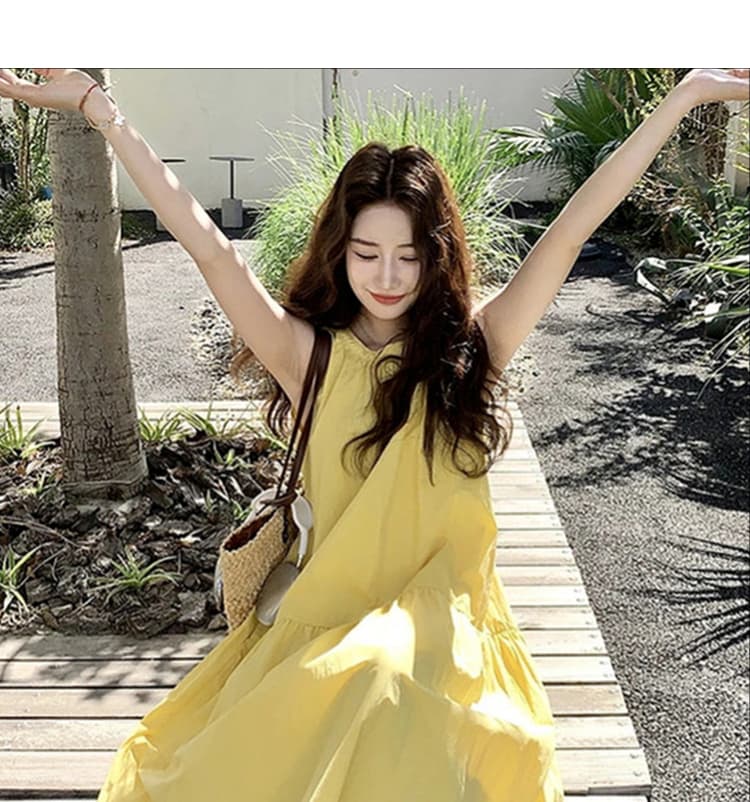 신제품 지금 프랑스식 여름 착용 가져 가라. 품격 슬림해 보이는 해변가 휴가 바람 여름 민소매 드레스 롱 스커트 상세 이미지 10