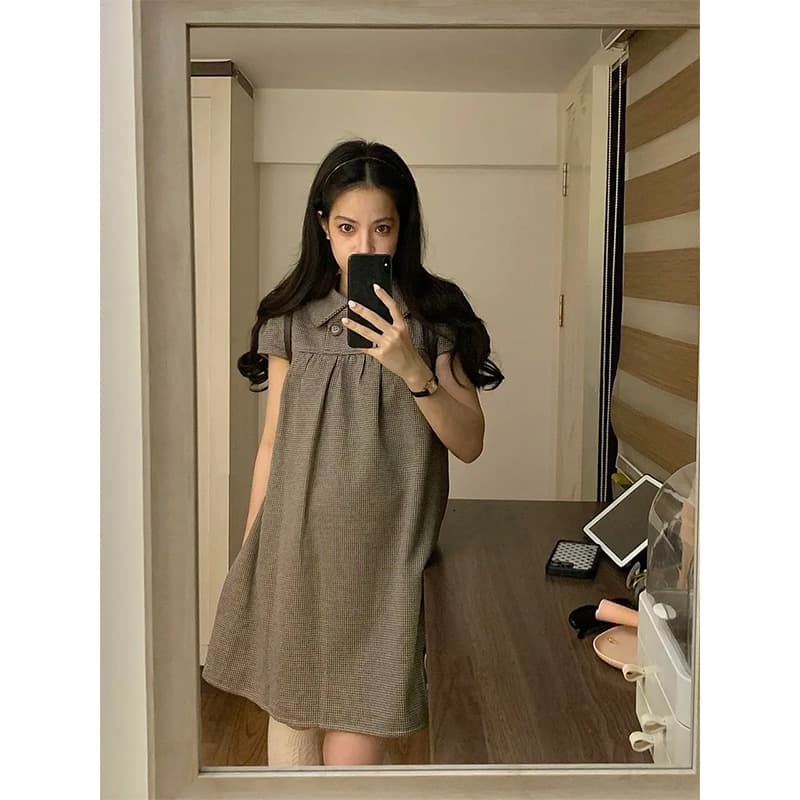 신제품 지금 새로운 여름 슈퍼 화재 미니 스커트 레트로 체크무늬 폴로 칼라 중간 길이 임산부 드레스 이미지 3
