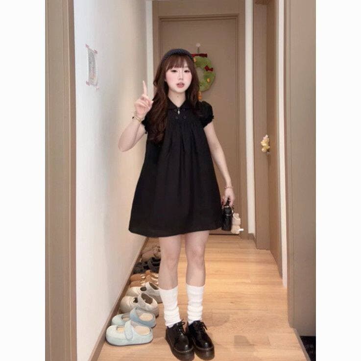 신제품 지금 한 부서 그는 벤 바람 디자인 센스 루즈핏 연령 감소 검정색 이중 버튼 반팔 드레스 이미지 2