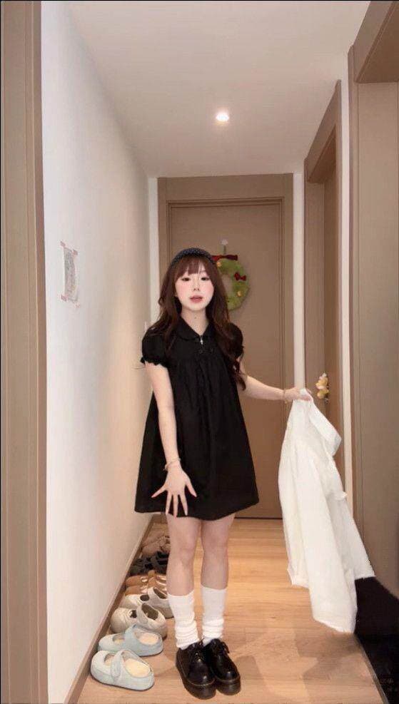 신제품 지금 한 부서 그는 벤 바람 디자인 센스 루즈핏 연령 감소 검정색 이중 버튼 반팔 드레스 이미지 4