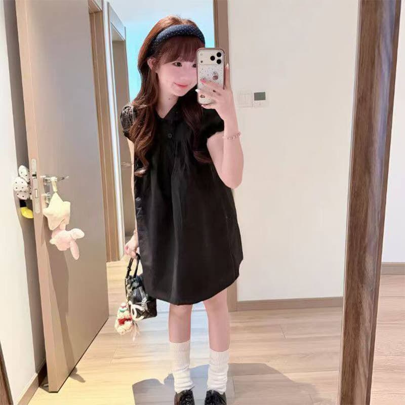 신제품 지금 한 부서 그는 벤 바람 디자인 센스 루즈핏 연령 감소 검정색 이중 버튼 반팔 드레스 이미지 5