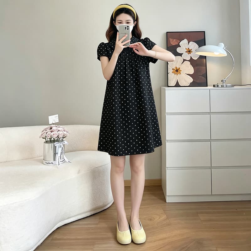 실사 지금 여름 달콤한 스타일 도트 무늬 베이비 칼라 반팔 고급 착용 가져 가라. 검정색 드레스 이미지 4