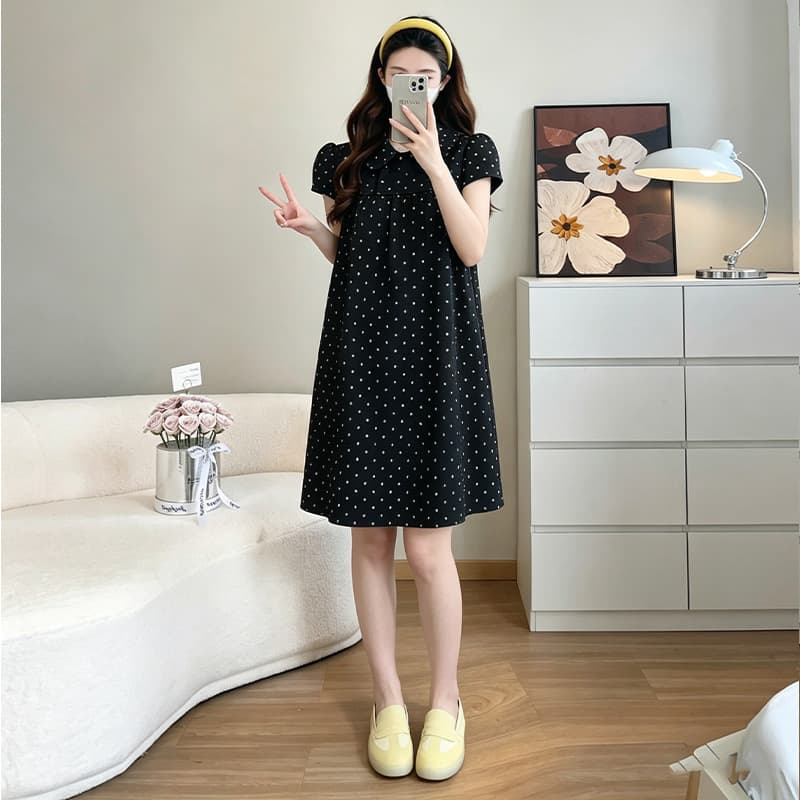실사 지금 여름 달콤한 스타일 도트 무늬 베이비 칼라 반팔 고급 착용 가져 가라. 검정색 드레스 이미지 5