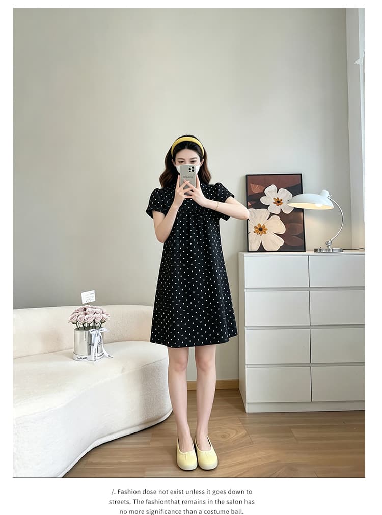 실사 지금 여름 달콤한 스타일 도트 무늬 베이비 칼라 반팔 고급 착용 가져 가라. 검정색 드레스 상세 이미지 8