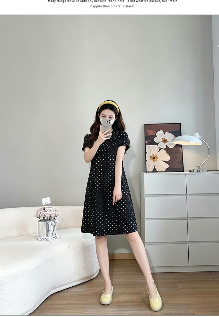실사 지금 여름 달콤한 스타일 도트 무늬 베이비 칼라 반팔 고급 착용 가져 가라. 검정색 드레스 상세 이미지 11