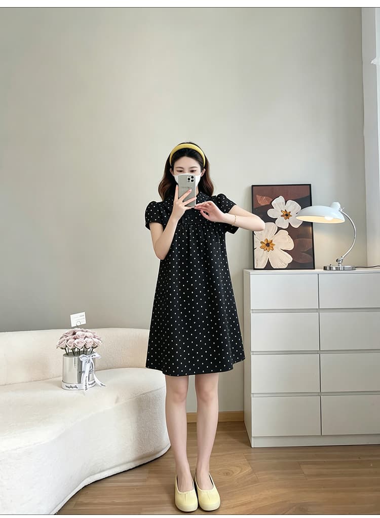 실사 지금 여름 달콤한 스타일 도트 무늬 베이비 칼라 반팔 고급 착용 가져 가라. 검정색 드레스 상세 이미지 12