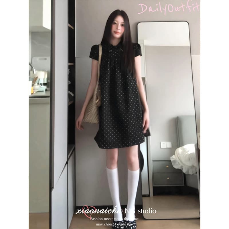 신제품 지금 여름 그는 벤 바람 베이비 칼라 달콤한 부서 느긋한 루즈핏 슬림해 보이는 도트 무늬 임신 엄마 드레스 이미지 2